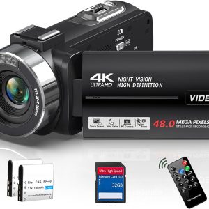 4K Video Camera Camcorder 48MP 30FPS with IR Night Vision,18X Digital Zoom Camera Recorder 3.0" LCD Touch Screen Vlogging Camera for YouTube with Remote Control, 2 Batteries, 32GB SD Card