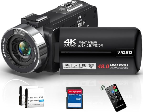 4K Video Camera Camcorder 48MP 30FPS with IR Night Vision,18X Digital Zoom Camera Recorder 3.0" LCD Touch Screen Vlogging Camera for YouTube with Remote Control, 2 Batteries, 32GB SD Card