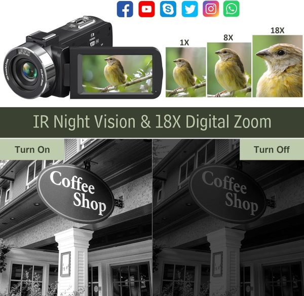 4K Video Camera Camcorder 48MP 30FPS with IR Night Vision,18X Digital Zoom Camera Recorder 3.0" LCD Touch Screen Vlogging Camera for YouTube with Remote Control, 2 Batteries, 32GB SD Card - Image 3
