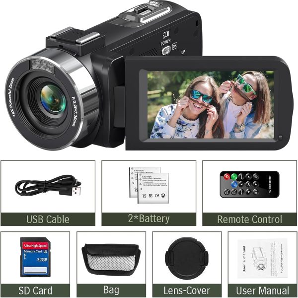 4K Video Camera Camcorder 48MP 30FPS with IR Night Vision,18X Digital Zoom Camera Recorder 3.0" LCD Touch Screen Vlogging Camera for YouTube with Remote Control, 2 Batteries, 32GB SD Card - Image 4