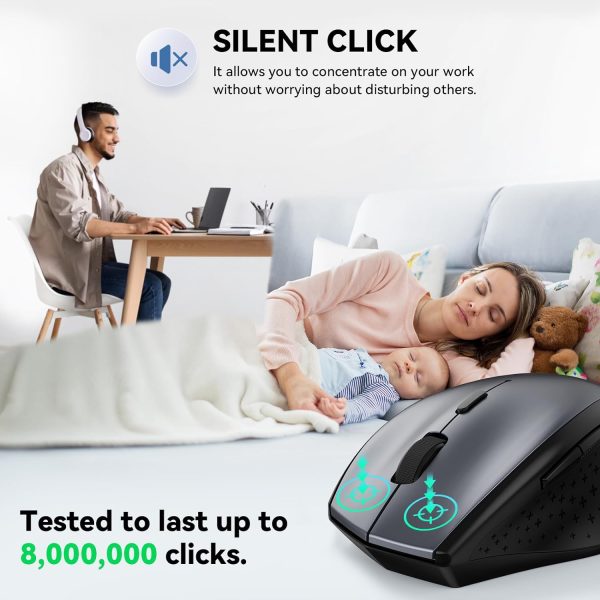 TECKNET Wireless Mouse, 2.4G USB Computer Mouse with 6-Level Adjustable 4800 DPI, 30 Months Battery, Ergonomic Grips, 6 Buttons Portable for PC, Chromebook, Mac - Grey - Image 3
