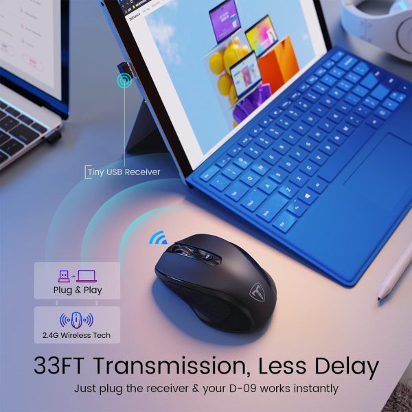 Wireless Mouse, D-09 Computer Mouse USB Cordless Mice for Laptop, Ergo Grips, Lightspeed 5-Level 2400 DPI, 16 Months Battery, Portable for PC Mac Chromebook (Black) - Image 7